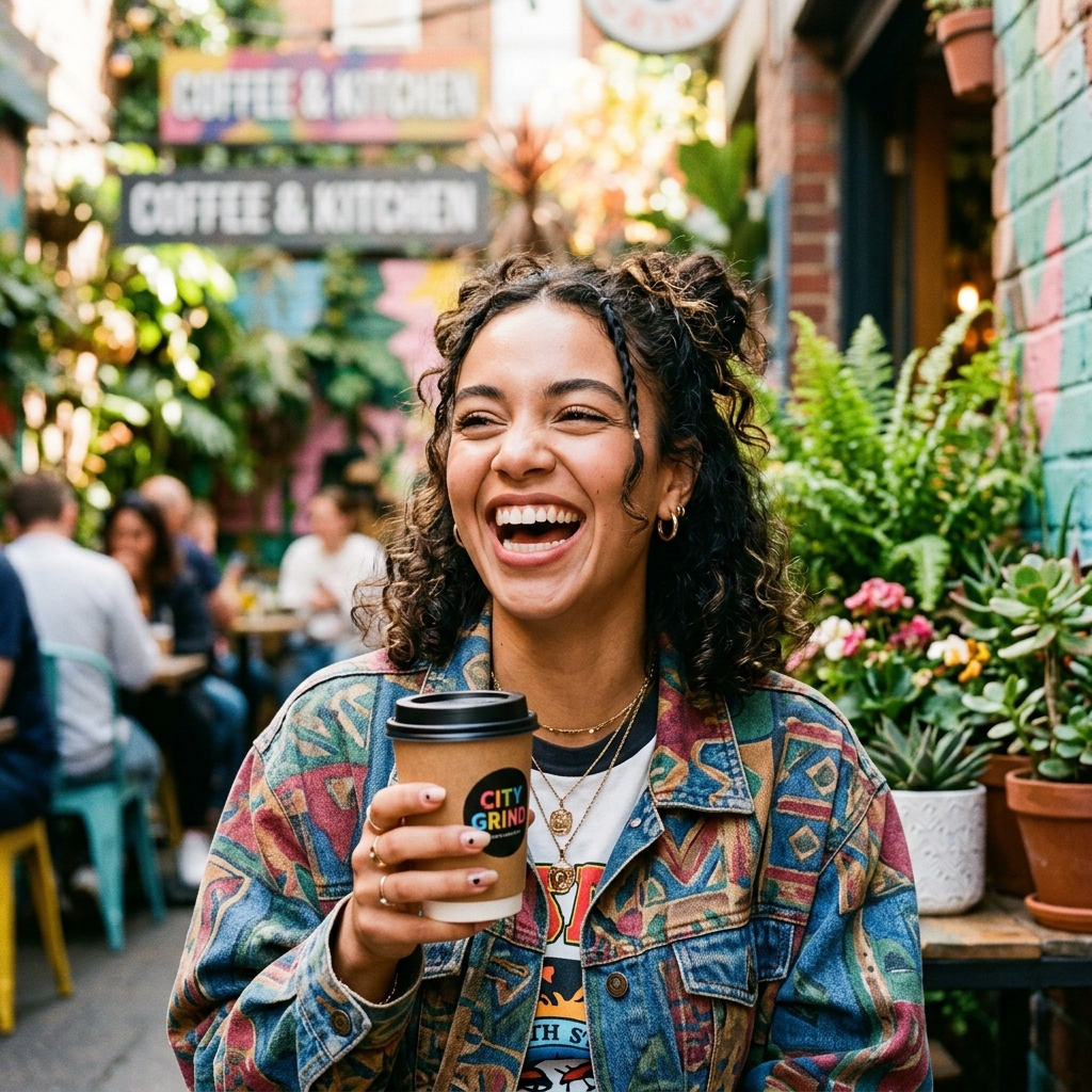 Zadowolona klientka - młoda kobieta w kawiarni miejskiej