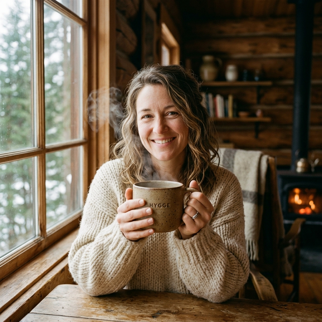 Zadowolona klientka - kobieta w przytulnym, rustykalnym klimacie
