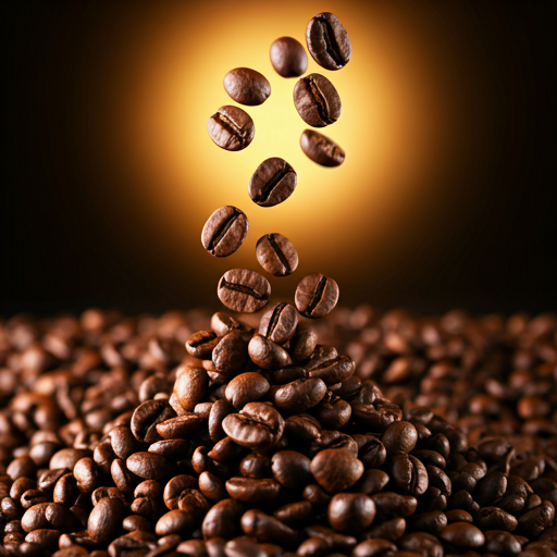 Złociste ziarna kawy spadające na ciemnym, ciepłym tle