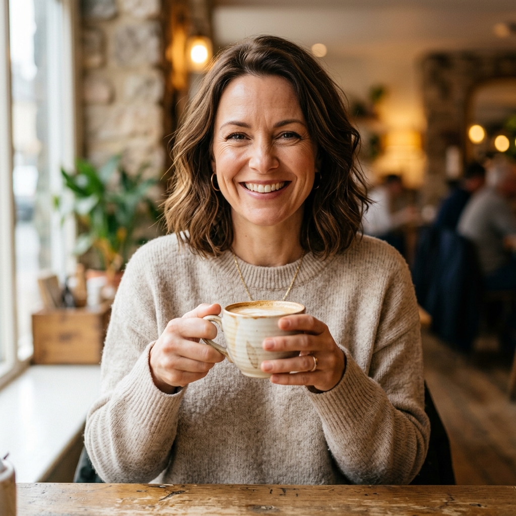 Zadowolona klientka ciesząca się filiżanką świeżo palonej kawy - widok 1